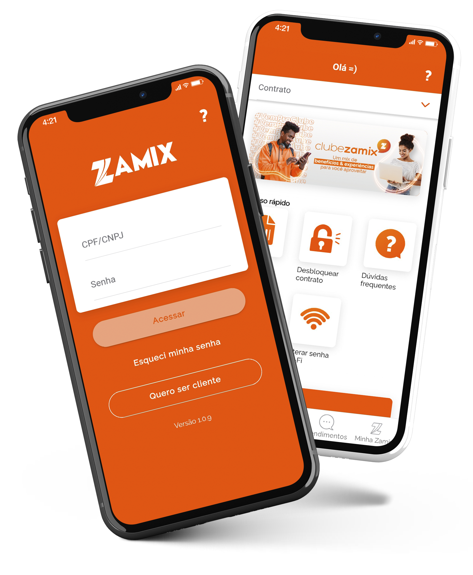 Mockups do aplicativo Minha Zamix em dois celulares