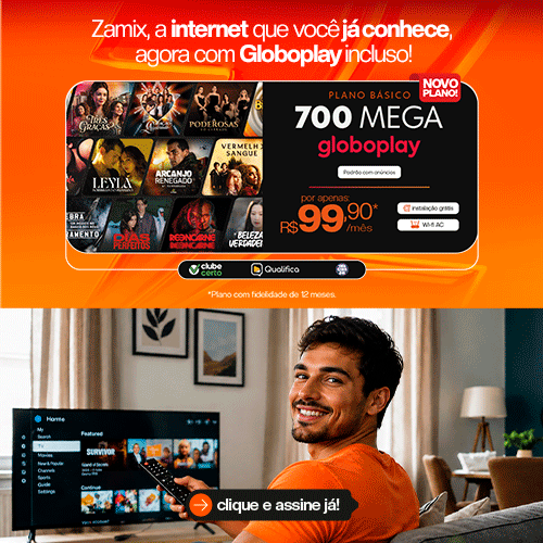 Internet Zamix de 700 Mega com Globoplay incluso por R$ 99,90 por mês. Clique e assine já.